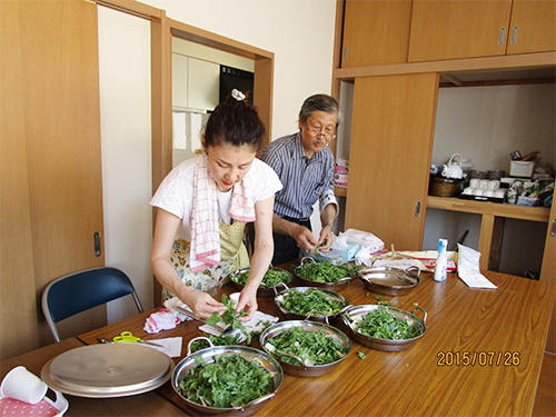 2015年7月26日復興庁補助事業「心と体の栄養復興」を福島県豊間で開催した。メインイベント、健康料理教室の開催時間が迫り鬼のような形相の石井に料理のアシスタントなどやったことのない大橋もオロオロしながらお手伝い。この年、全国的に福島の特産えごまがブームとなり、この日のメニューは「とりえごま団子汁」